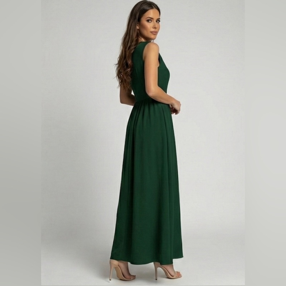 Gathered-Waist A-Line Maxi Dress With Pockets Green - Picture 6 of 9